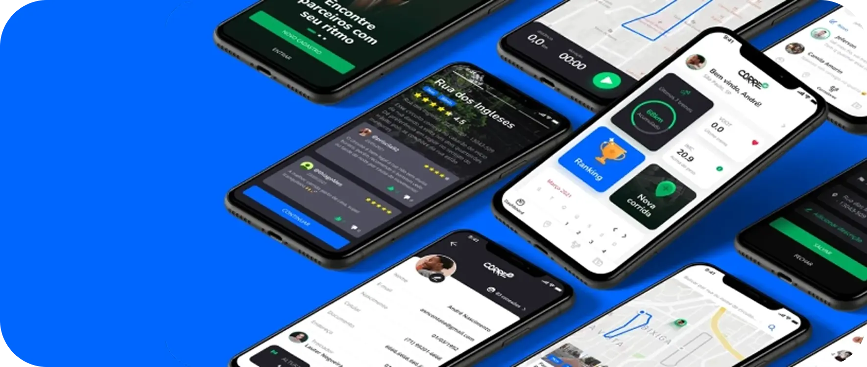 Aplicativo móvel exibido em diversos smartphones.